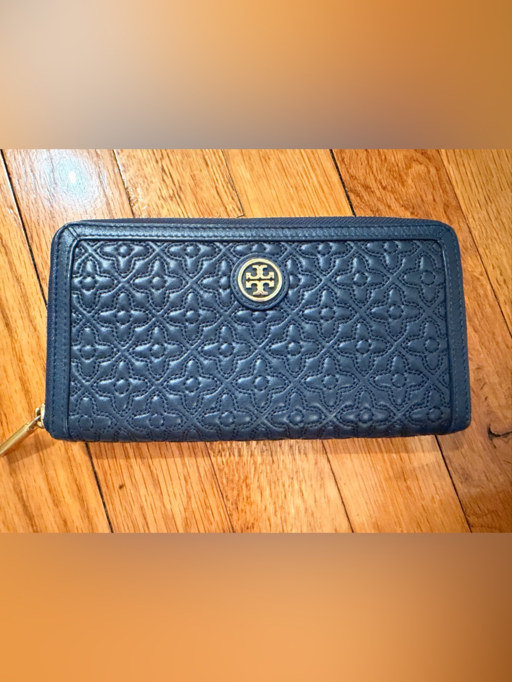 Tory Burch Navy Quilted Leather Zip Around Wallet with Gold Logo